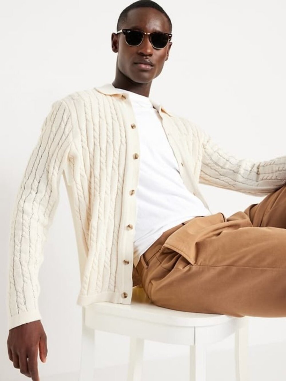 Old Navy Men's Button-Down Cable-Knit Sweater Cream Large
